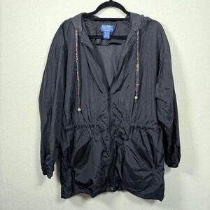 Rain‎ Essentials Windbreaker Jacket Hooded Packable Black S/M Drawstring Outdoor